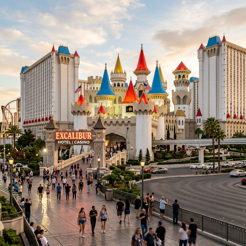 Excalibur Hotel and Casino with colorful castle towers and pedestrians on the walkway