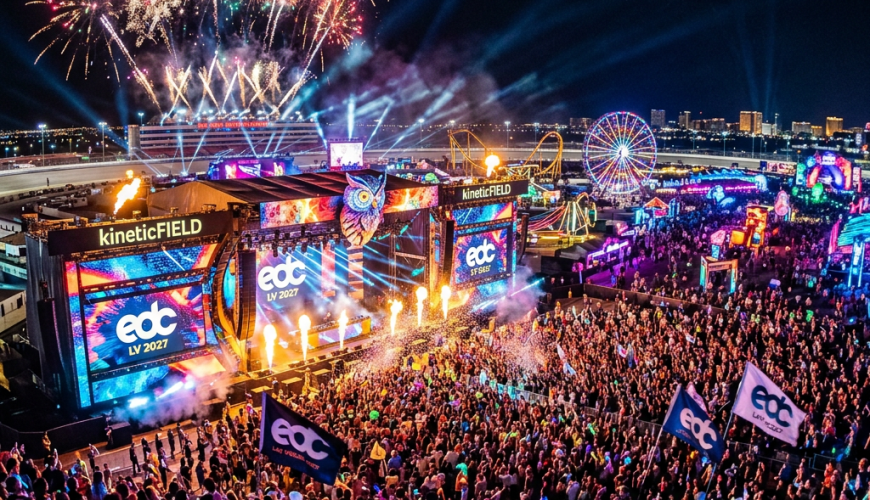 Large crowd at EDC Las Vegas 2027 festival stage with fireworks and colorful lights at night