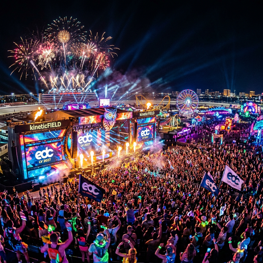 Large crowd at EDC Las Vegas 2027 festival stage with fireworks and colorful lights at night