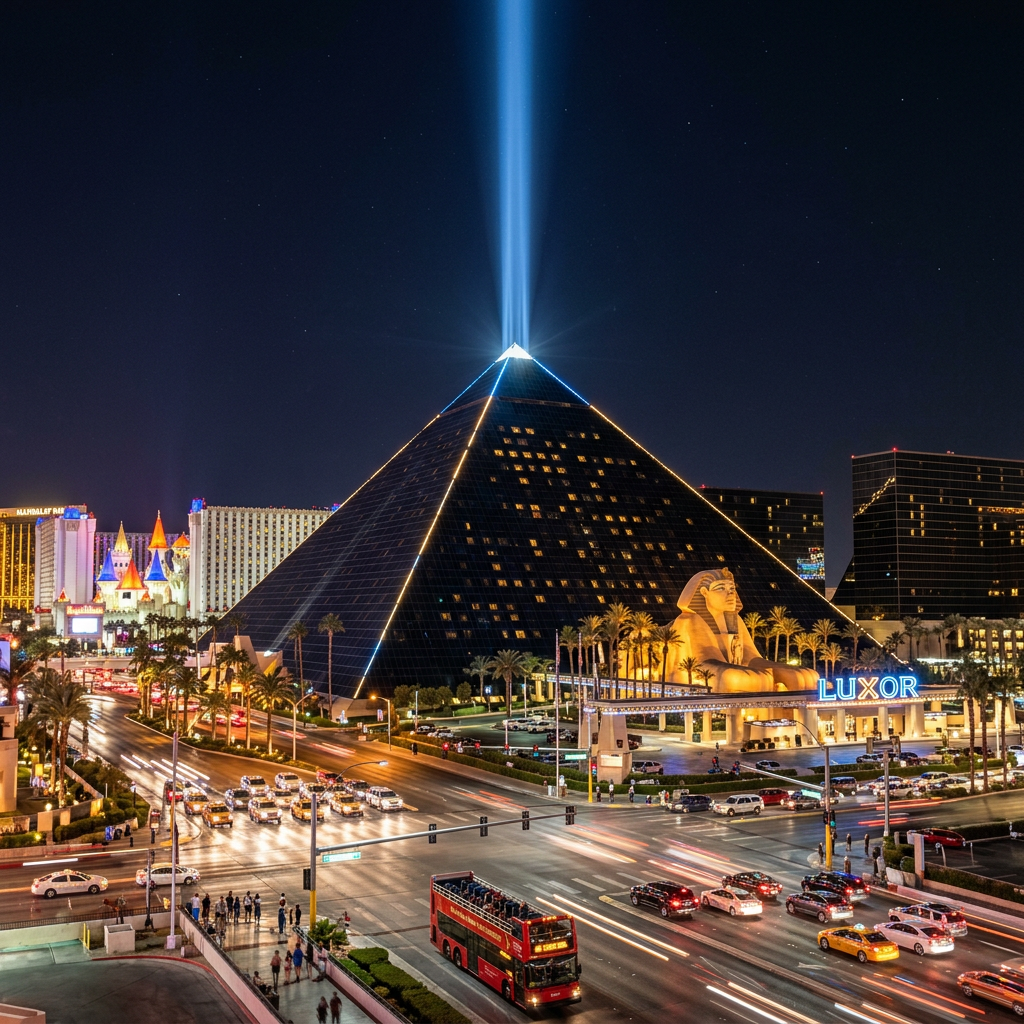 Luxor Hotel pyramid with illuminated beam and sphinx at night in Las Vegas
