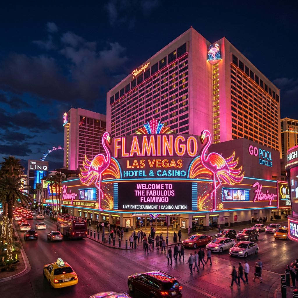 Flamingo Las Vegas hotel and casino neon sign with pink flamingos and visitors on street