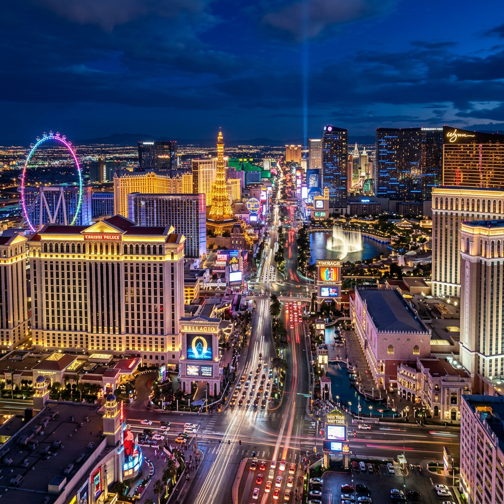 Aerial view of the Las Vegas Strip at night with bright city lights, hotels, and a large ferris wheel